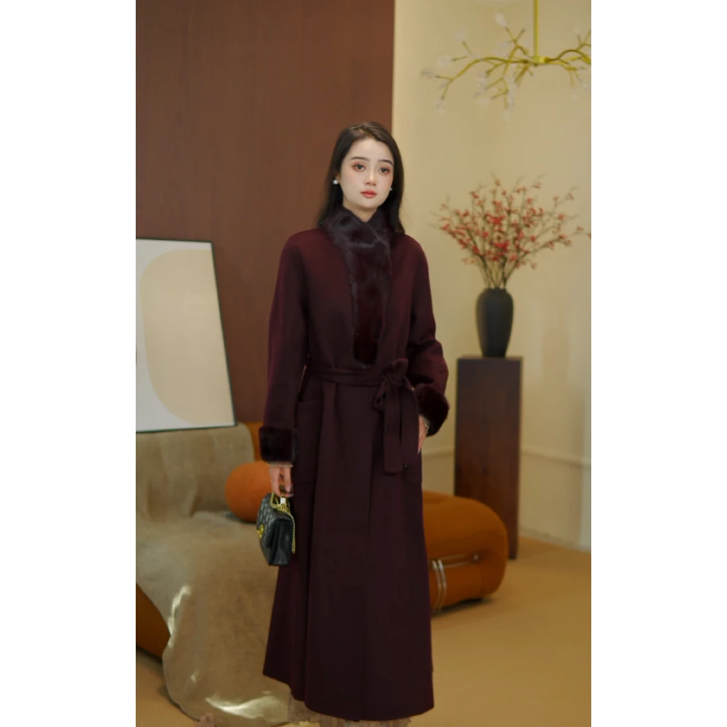 LILYAN【紫罗兰】设计中长款毛呢外套秋冬排扣落肩袖女女士长款大衣