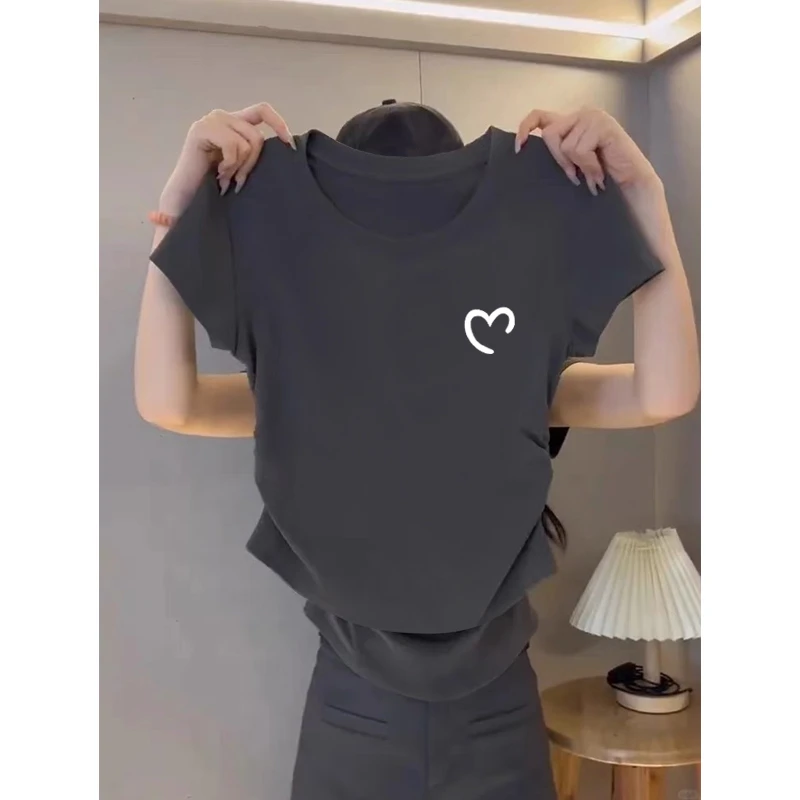 不规则褶皱圆领短袖t恤女夏季设计感修身短款小个子正肩体恤上衣