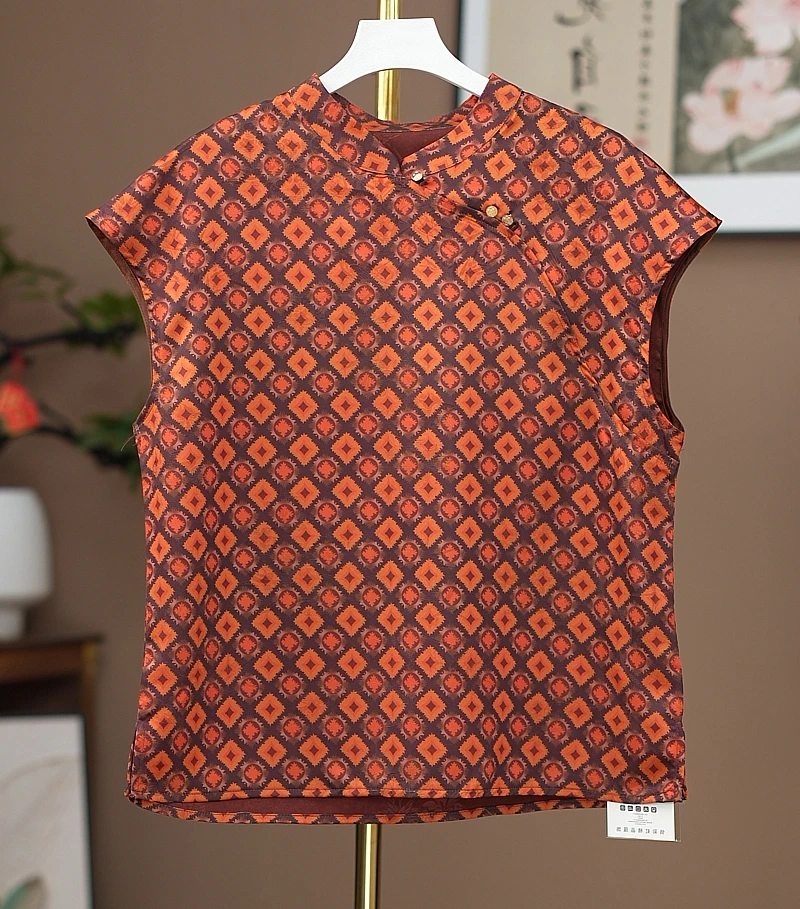 女士短袖中长款潮流厚款中式无袖斜襟背心上衣菱形格