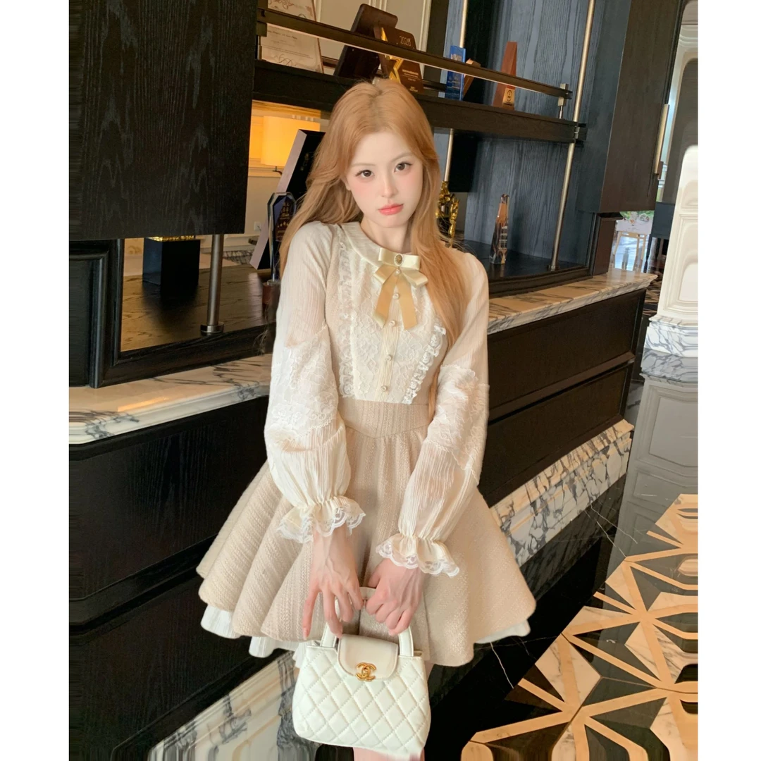 【蹦蹦】大码女装miu系千金贵气宫廷风小香粗呢拼接蓬蓬连衣裙13156