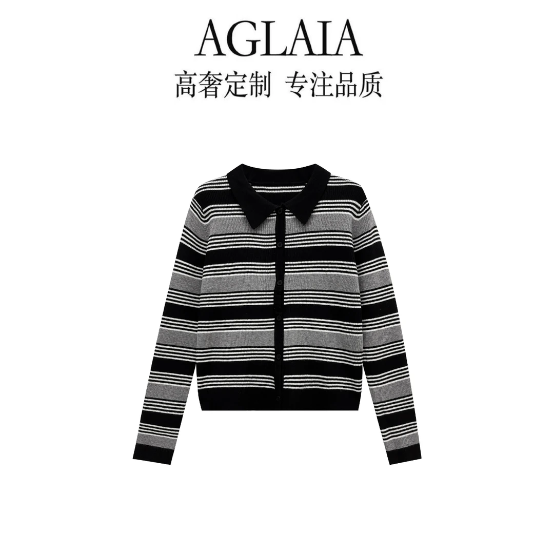 AGLAIA~2025秋季新款高级感时尚气质百搭翻领休闲针织开衫女6283