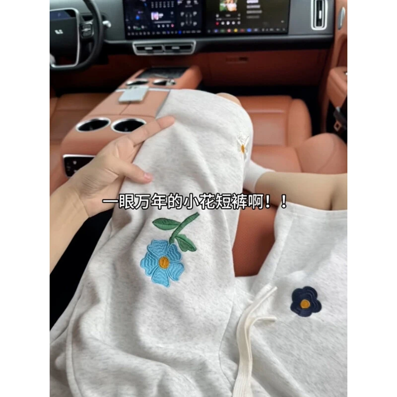 MTVO夏季新款百搭刺绣小花图案高级感男装宽松直筒户外休闲短裤