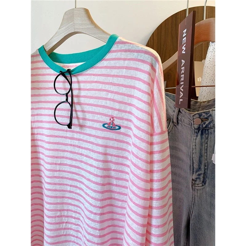 胖mm240斤大码韩系多巴胺粉色条纹刺绣宽松长袖夏日防晒T恤罩衫女