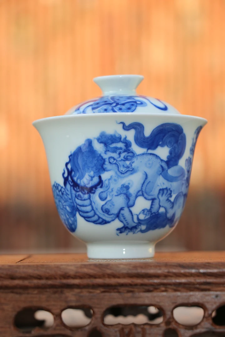 省级非遗！毛仔柴窑狮子滚绣球两才陶瓷盖碗茶杯白瓷茶具，祥瑞之选