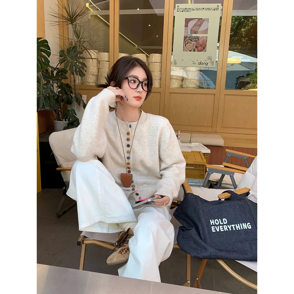 【现货清仓】甜美减龄设计感立体手工彩色花口袋宽松针织开衫毛衣