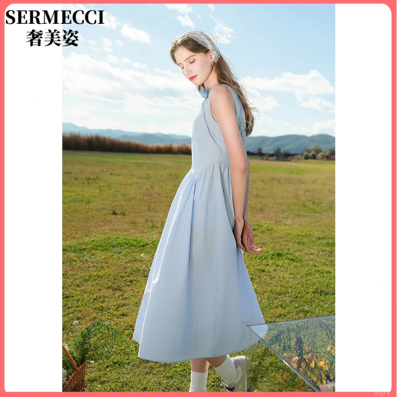 轻奢独醒长裙女2025夏季新款方领收腰无袖A字裙