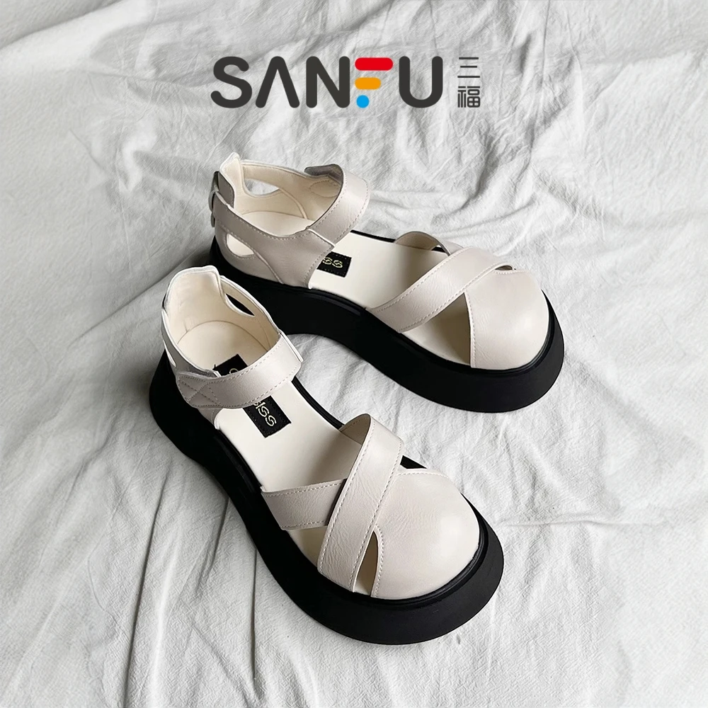 三福厚底包头凉鞋女2025新款夏季外穿休闲运动猪笼鞋大头罗马凉鞋