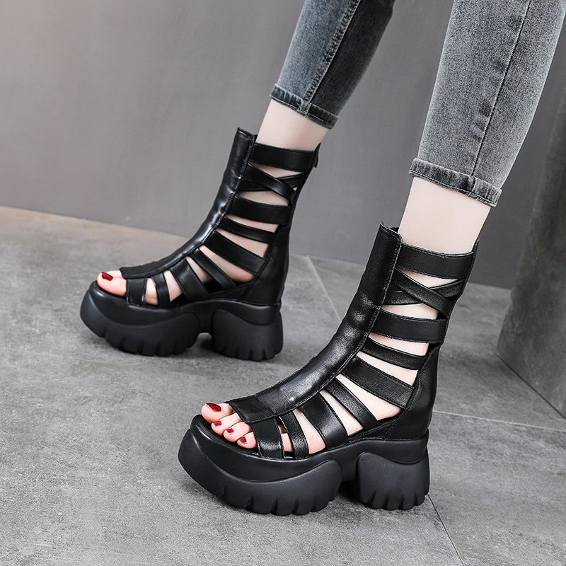 夏季新款牛皮露趾罗马凉鞋女厚底头层牛皮高帮凉靴增高镂空马丁靴