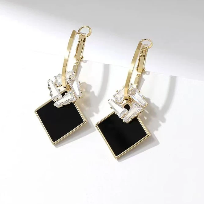 铜合金合成锆石耳饰 新款双菱形耳环百搭法式耳扣高级感轻奢耳饰