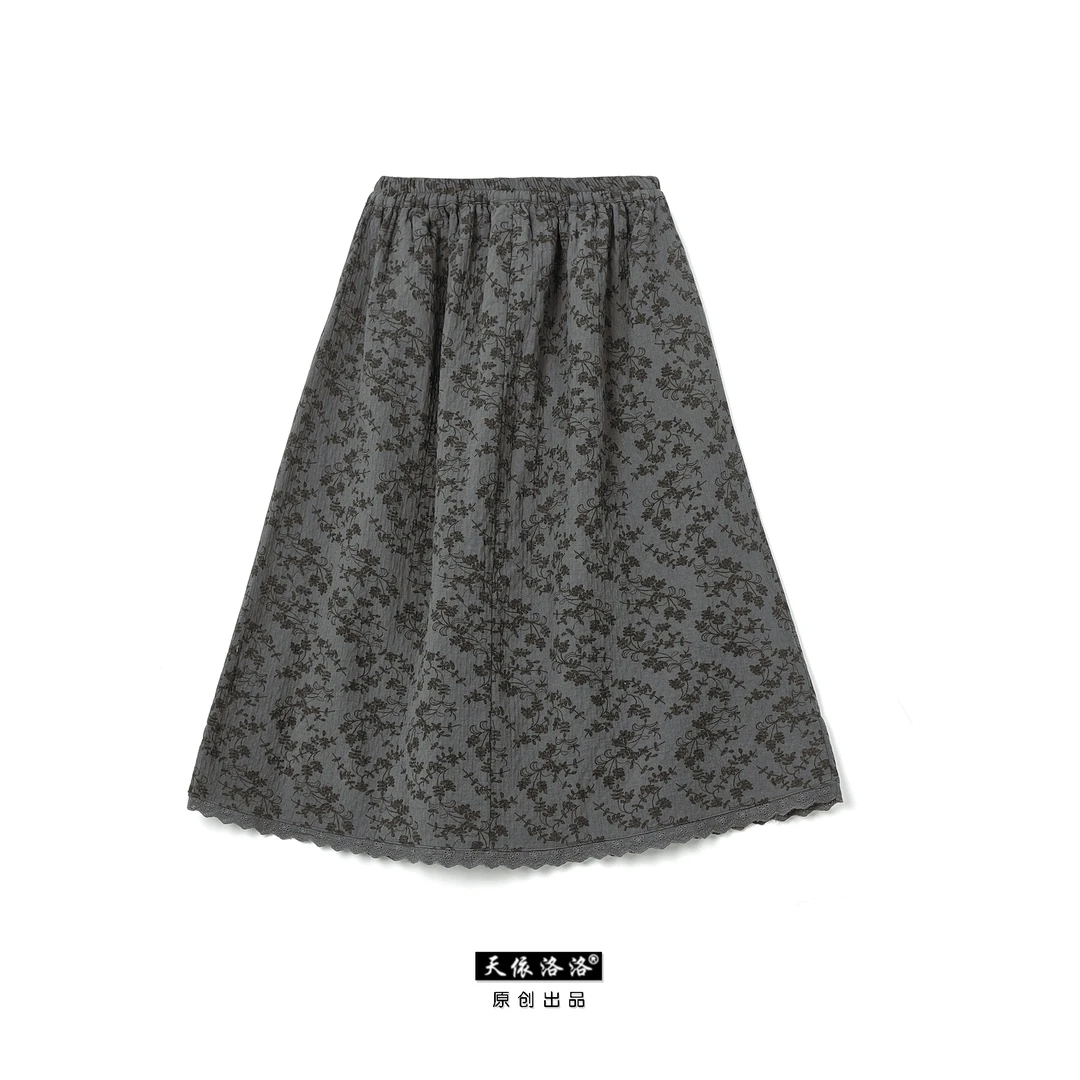 【天依洛洛】2461 A 花边松紧腰宽松时尚印花百搭休闲半身裙