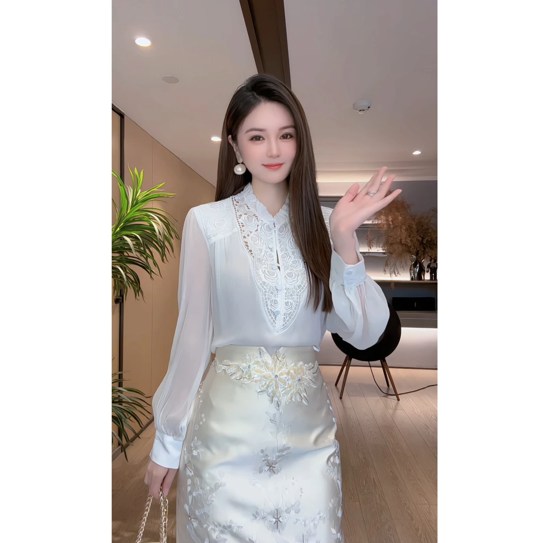 【深圳米熙儿】桑蚕丝镂空刺绣拼接衬衣衬衫Y225