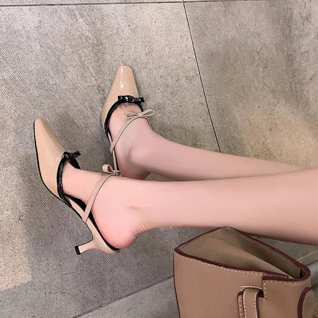 纽约旧梦～小方头蝴蝶结拼色小高跟秋季外穿细跟包头鞋Rs-1050