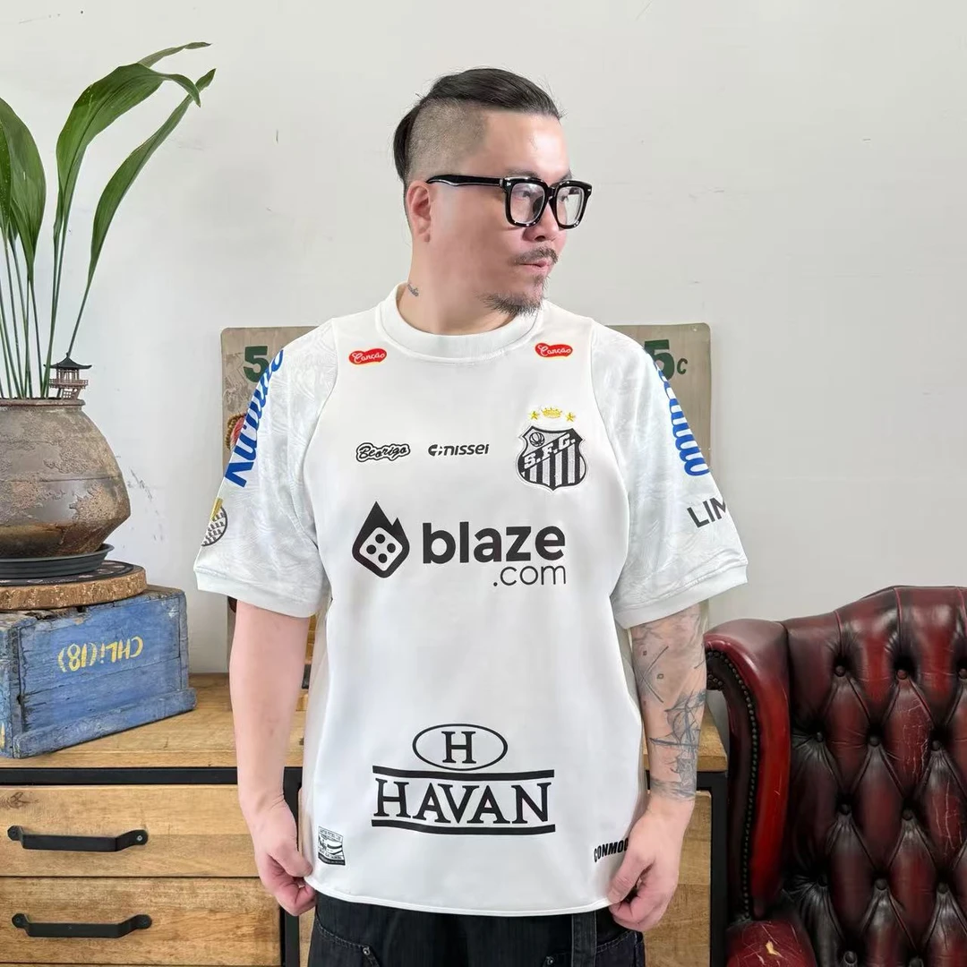 现货巴西桑托斯短袖足球服夏季休闲运动透气速干刺绣印花圆领