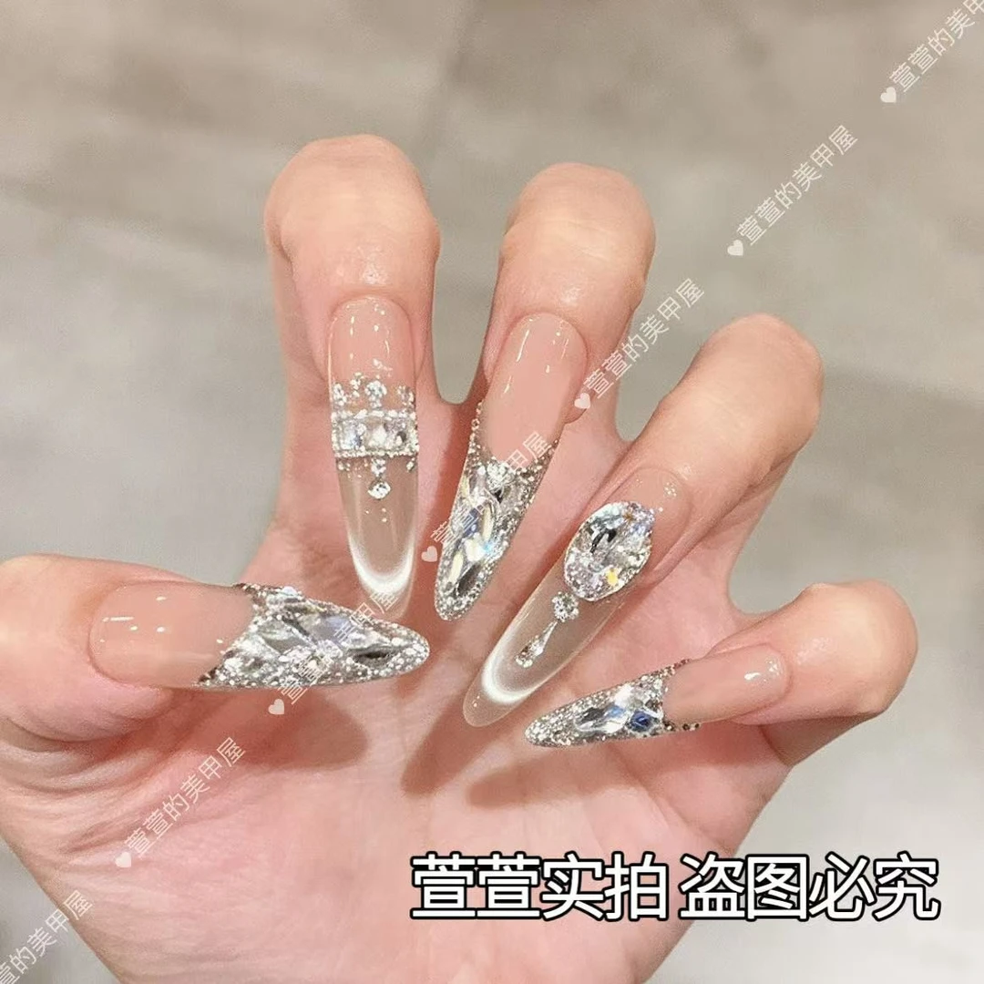 【梦幻城堡】纯手工穿戴甲闪耀猫眼法式拼钻城堡仙女miu系千金美甲