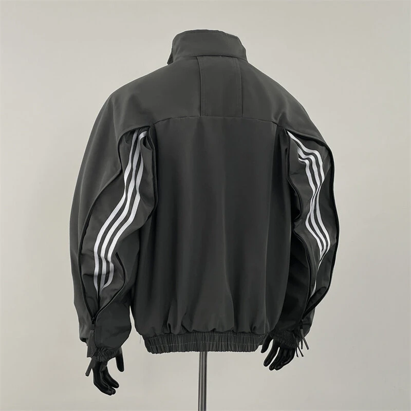 条纹拼接设计高级感翻领夹克男2025春季新款宽松休闲百搭帅气外套