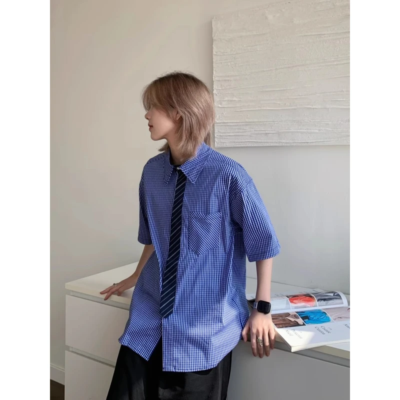 cleanfit蓝色格子短袖衬衫男夏美式高级感格纹衬衣设计感休闲半袖