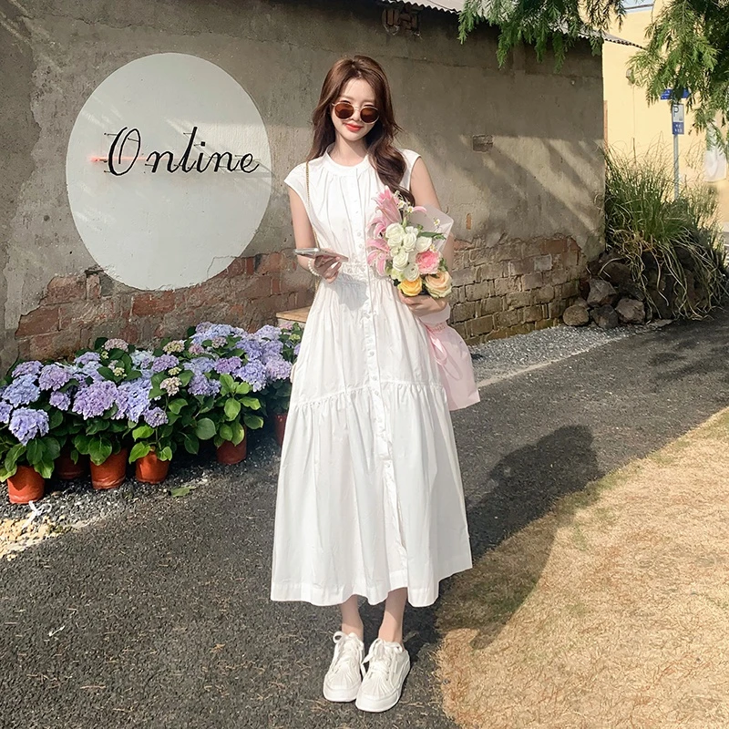 白色无袖连衣裙女夏季2025新款法式气质收腰显瘦初恋温柔风衬衫裙
