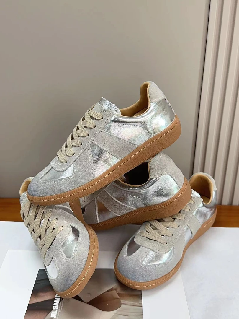 银色经典款德训鞋女2025春夏新款真皮复古平底休闲板鞋