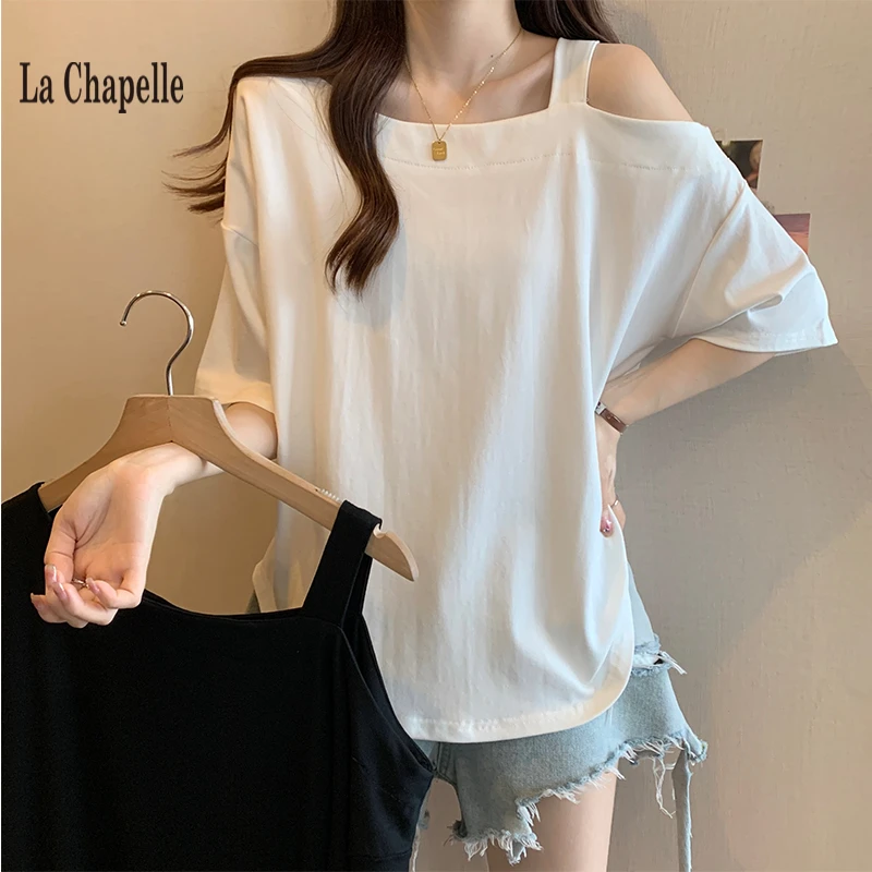 拉夏贝尔不规则露肩短袖t恤女大码设计感慵懒风宽松打底衫上衣