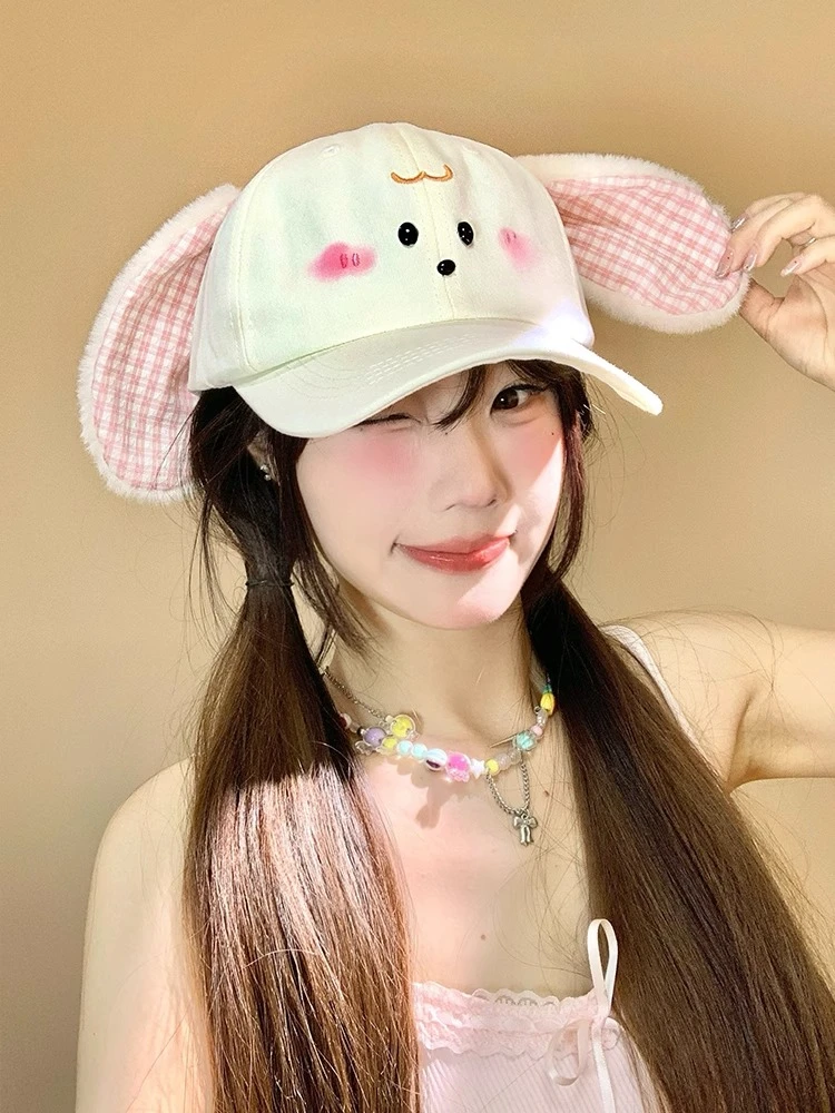 可爱格纹毛绒兔耳朵棒球帽女春夏季新款大头围帽子甜美百搭鸭舌帽