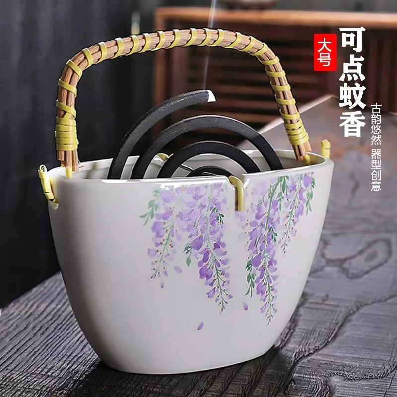 手提式蚊香炉蚊香接灰盘家用创意蚊香架子日式陶瓷古风托盘香炉