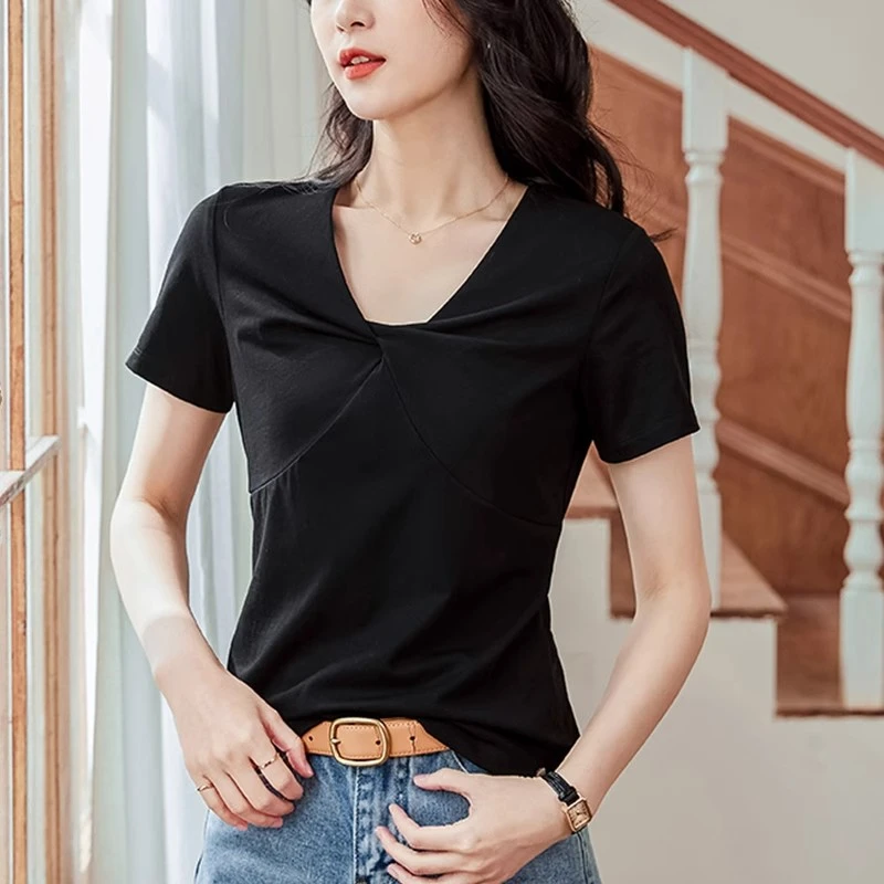 纯色蝴蝶结短袖t恤女2025新款百搭减龄洋气修身设计感小众上衣ins