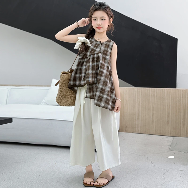 女童套装夏季2025新款儿童韩版无袖上衣洋气格子背心女孩阔腿裤子