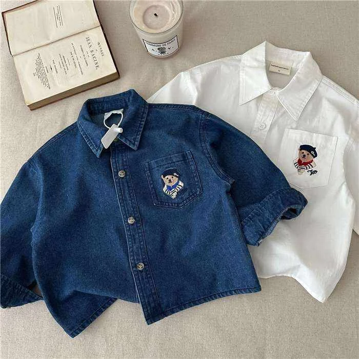 休闲小童春季新款春秋小熊刺绣韩版衬衫春款百搭口袋卡通白衬衣