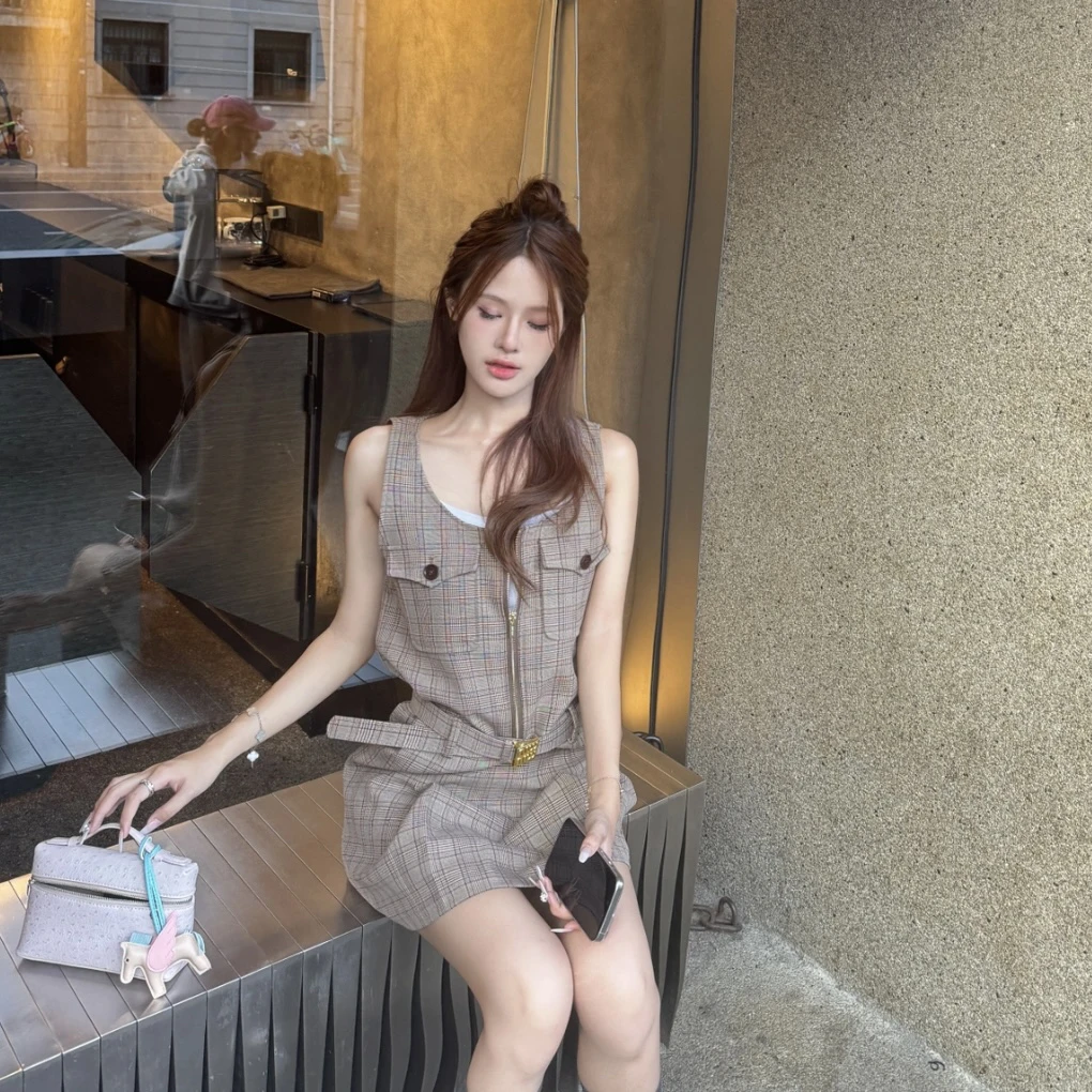 99新 MIU MIU/缪缪 2dd055/格纹图案拉链口袋连衣裙 羊毛 38码