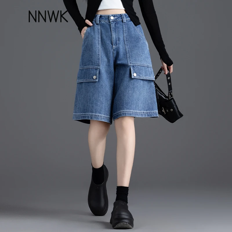 宽松休闲牛仔短裤女夏季薄款阔腿五分裤大口袋A版工装风直筒中裤