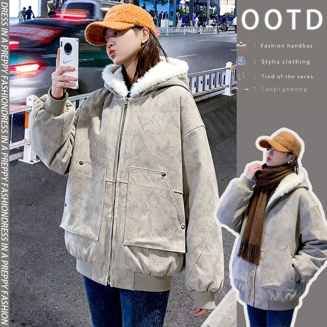 潮碧梵300斤大码女装复古连帽棉服女胖mm宽松加厚宽松休闲风外套