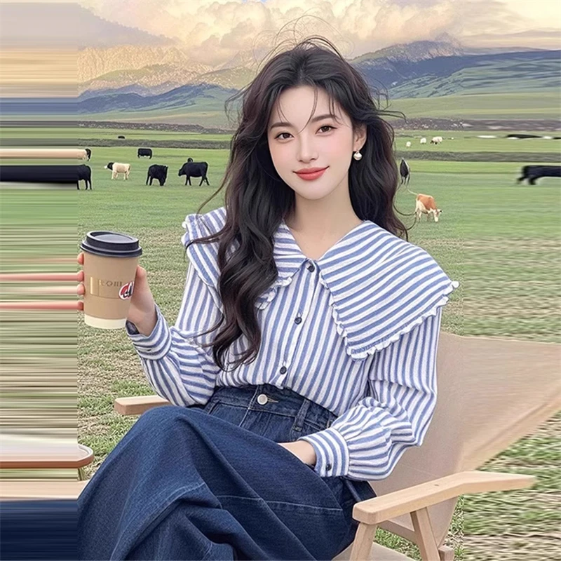 2025春季新款设计感蓝白条纹娃娃领衬衫宽松显瘦上衣气质时尚衬衣