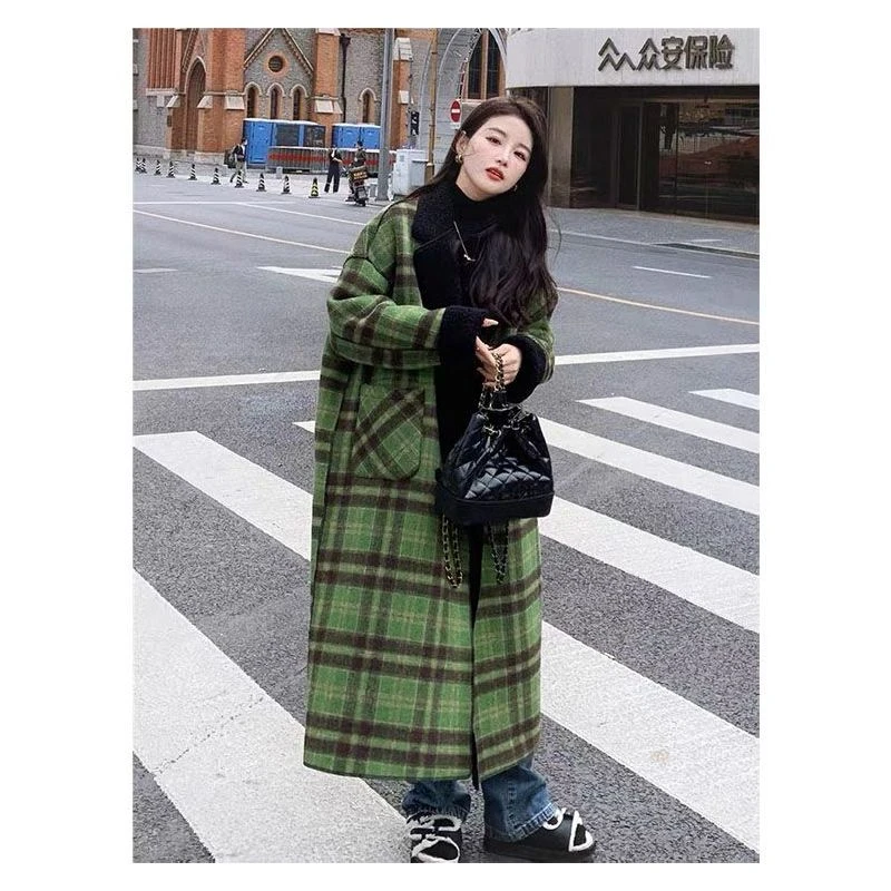 撞色绿格高档毛呢外套女冬季新款正反两穿宽松中长款大衣6001