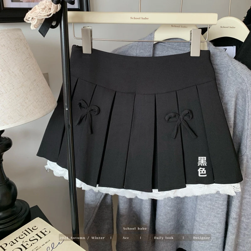 蝴蝶结装饰百搭高腰百褶短裙女秋新款显瘦A字裙防透半身裙裙子jk