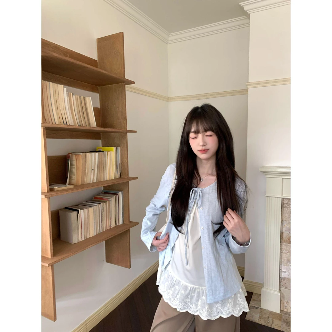 【全额运补】小众温柔风蓝色开衫上衣女百搭罩衫长袖外套+百搭甜