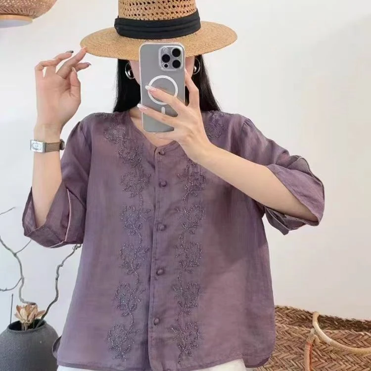 五分袖百支纯苎麻单排扣休闲衬衣新款文艺精致刺绣宽松衬衫E22