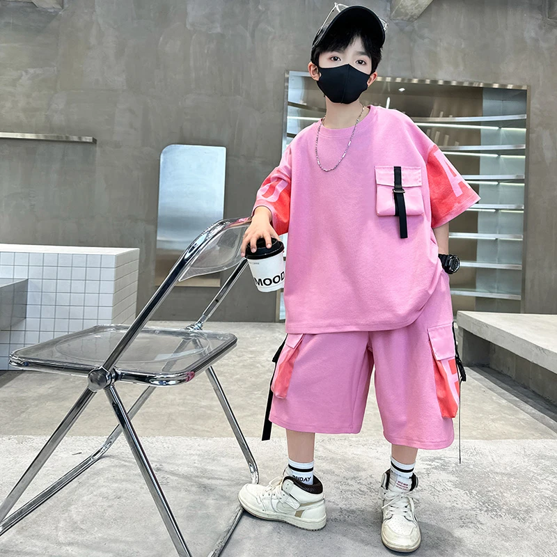 大码男童粉色夏装短袖套装6-12岁儿童运动休闲洋气中大童宽松学生