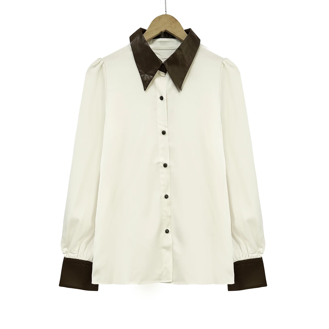 春上新！女士长袖PU拼接气质通勤衬衫F279