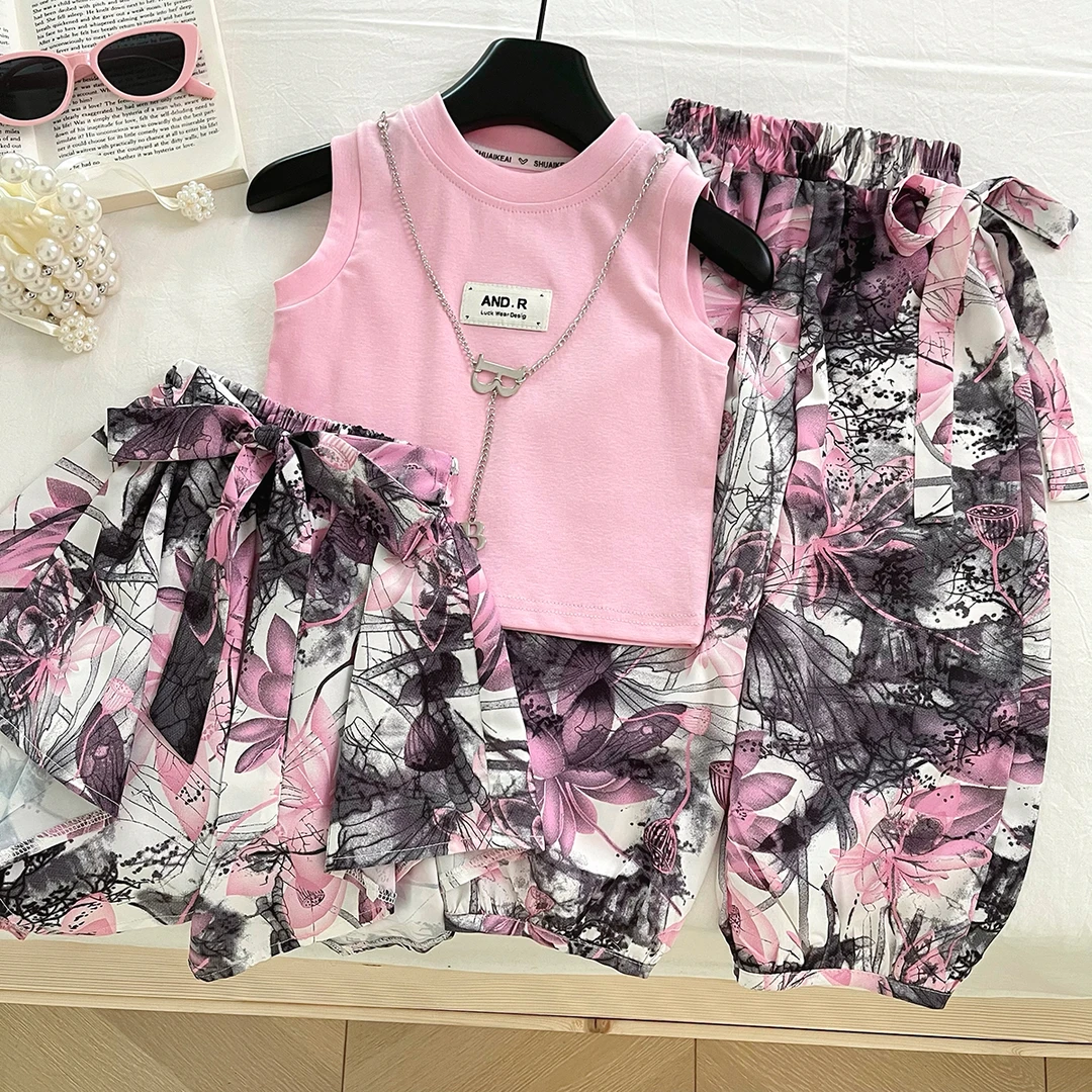 2025时尚辣妹洋气国风水墨画背心套装S17105