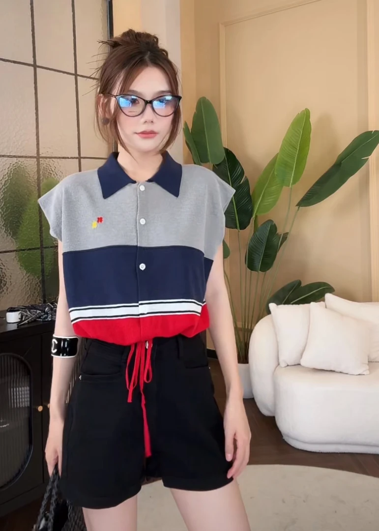 宽松撞色下摆抽绳无袖针织衫