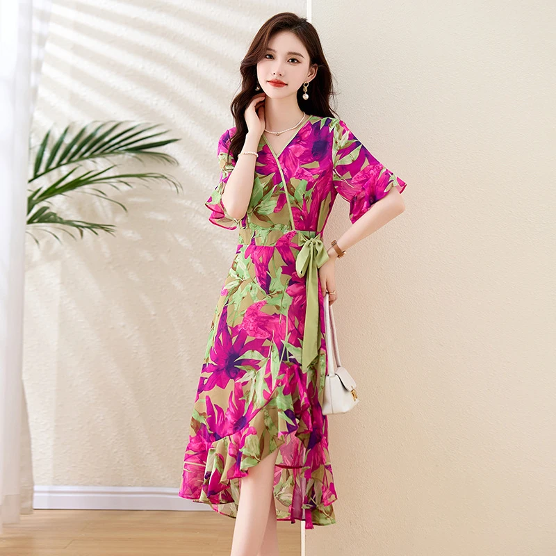 夏天太古里出游印花雪纺连衣裙女气质减龄海边度假荷叶边鱼尾裙