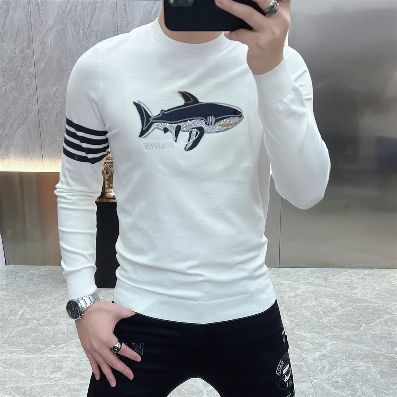 2025秋冬新款个性提花刺绣修身帅气圆领毛衣网红百搭针织羊毛衫男