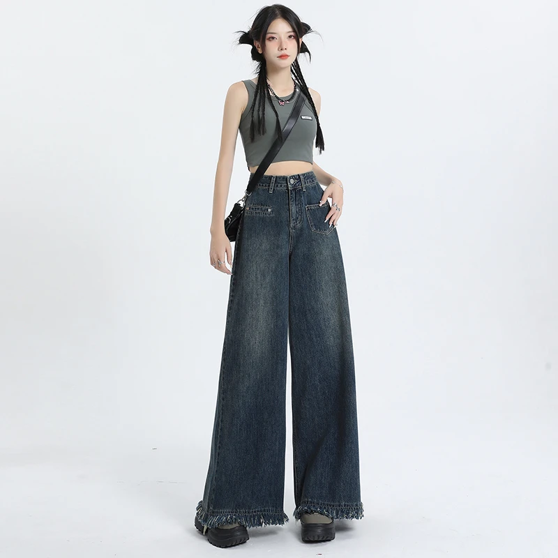 PANO AROMA复古显瘦设计感毛边牛仔裤女流苏直筒高腰阔腿休闲裤子