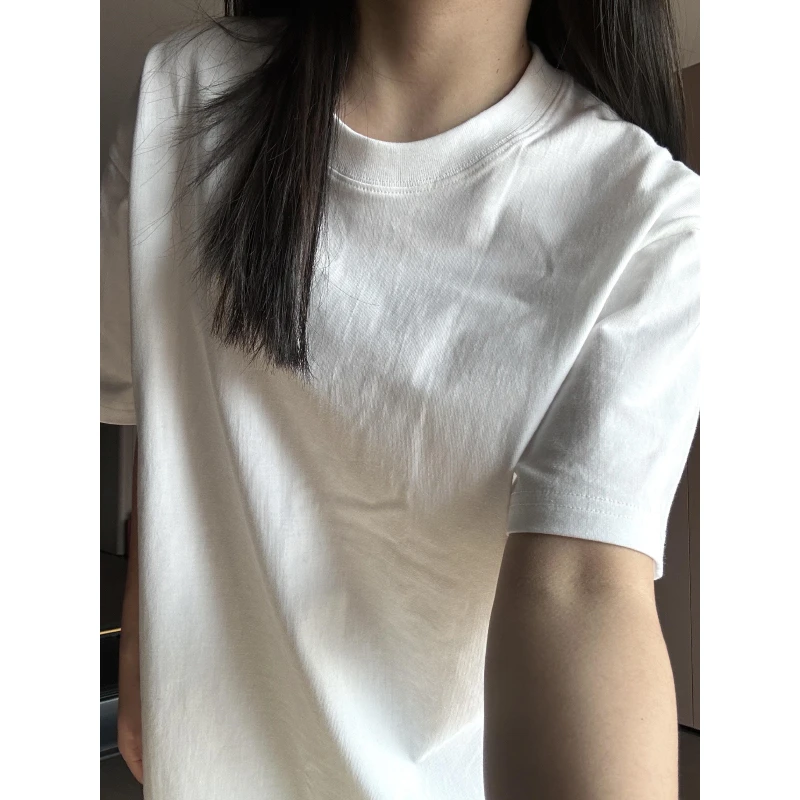 纯白色小领口短袖T恤男夏季宽松休闲显瘦二本针圆领纯棉正肩半袖