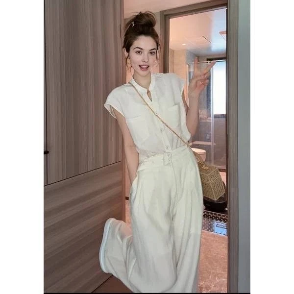 夏新款高级气质时尚套装女装轻奢设计上衣短袖高腰阔腿裤两件套女