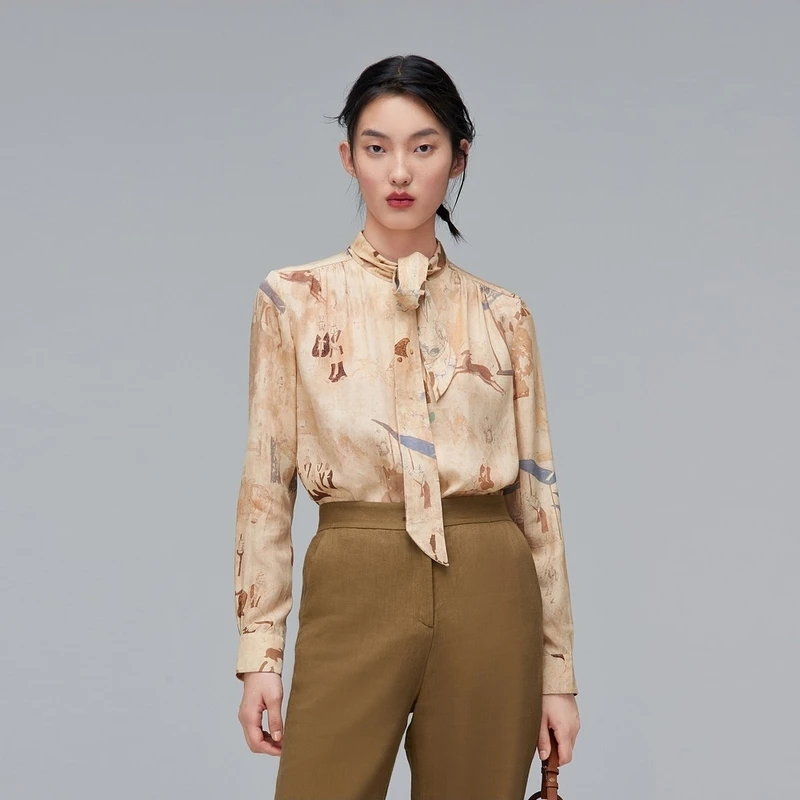 例外女装春秋款莱赛尔纤维印花系带衬衫A121-P1F24