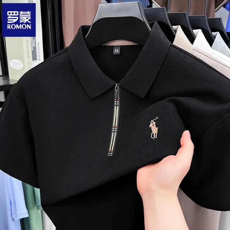 罗蒙男士夏季纯棉短袖半拉链刺绣男T恤翻领高级感男装半袖Polo衫