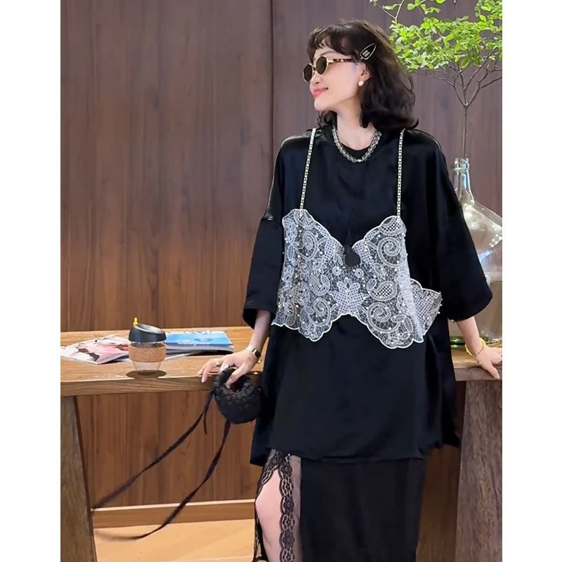 欧洲站2025夏季新款洋气百搭宽松中长款T恤高腰纯色半身裙两件套