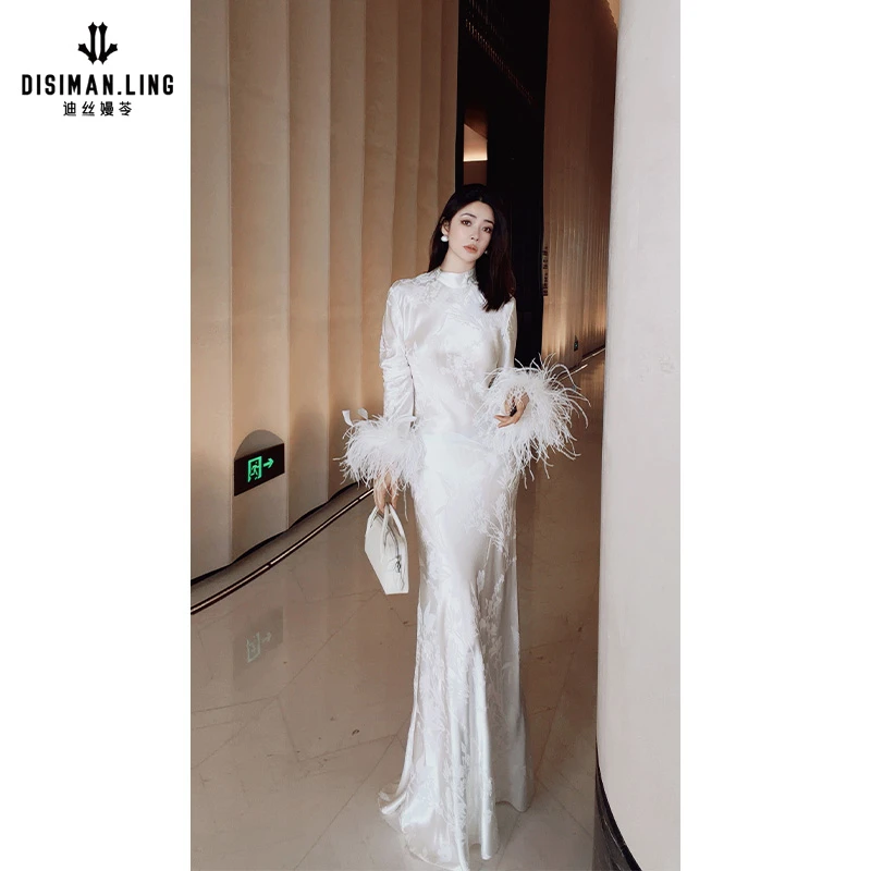 【迪丝嫚苓】白色桑蚕丝连衣裙气质长袖复古长款新款新中式洋气女装