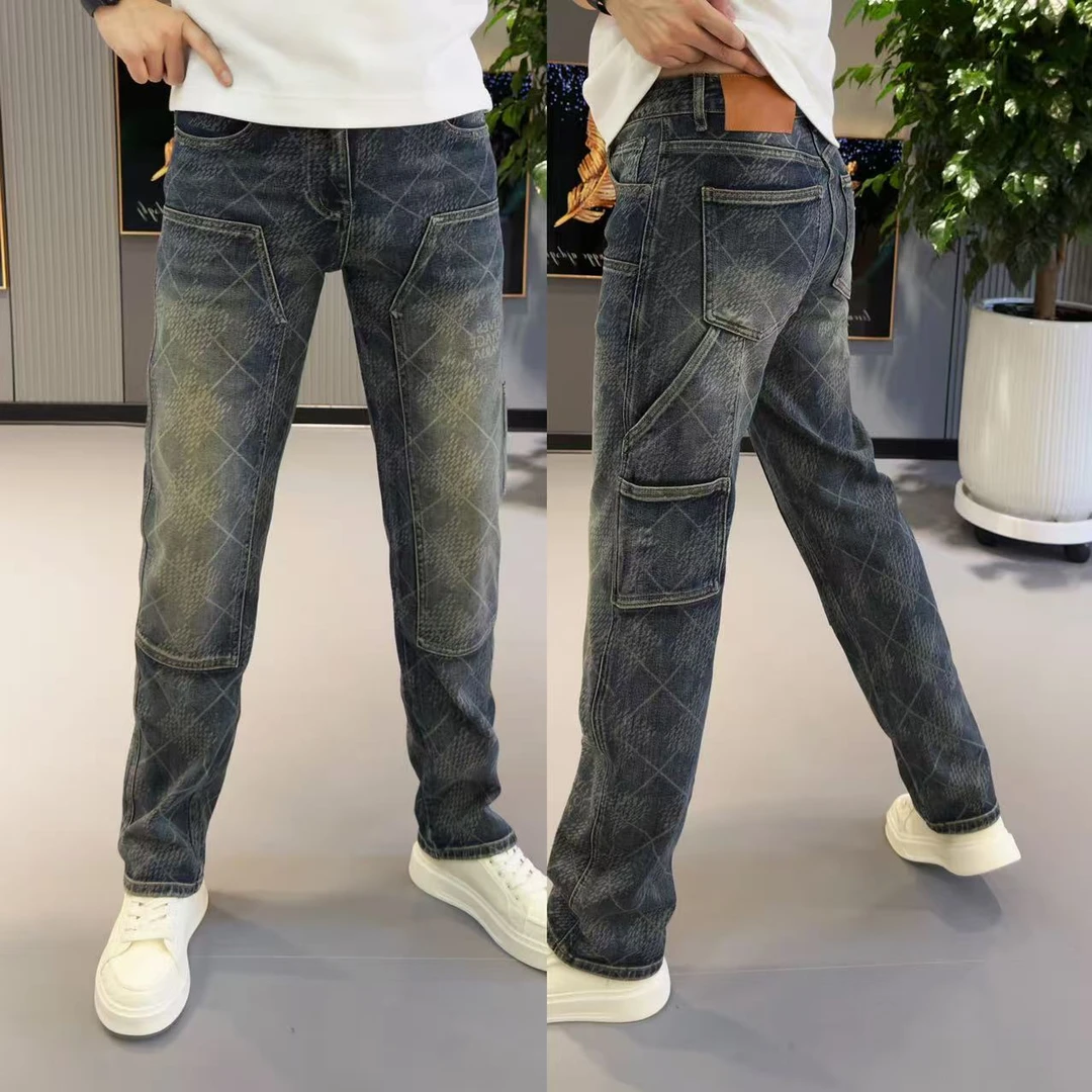 牛仔裤男秋季新款韩系格子拼接直筒裤男宽松潮流时尚男士裤子男裤